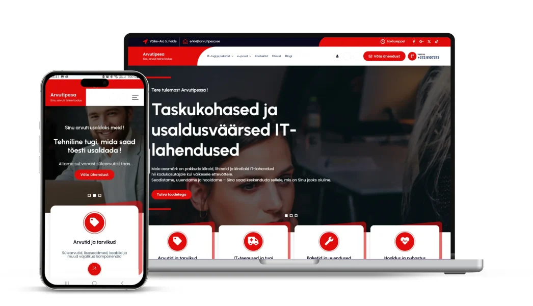 Keerdus Disainistuudio kodulehekülg ja mobiilivaade - Arvutipesa kodulehekülg, arvutite remont, hooldus,varuosade müük