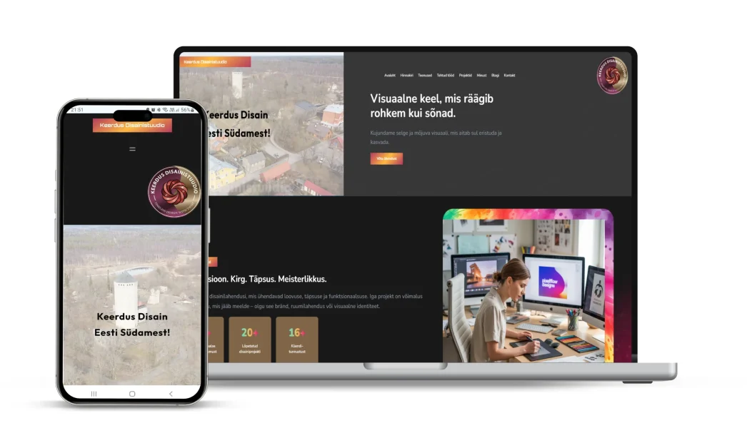 Keerdus Disainistuudio kodulehekülg ja mobiilivaade- - Keerdus Disainistuud kodulehekülg, veebileht, graafiline disain, kujund