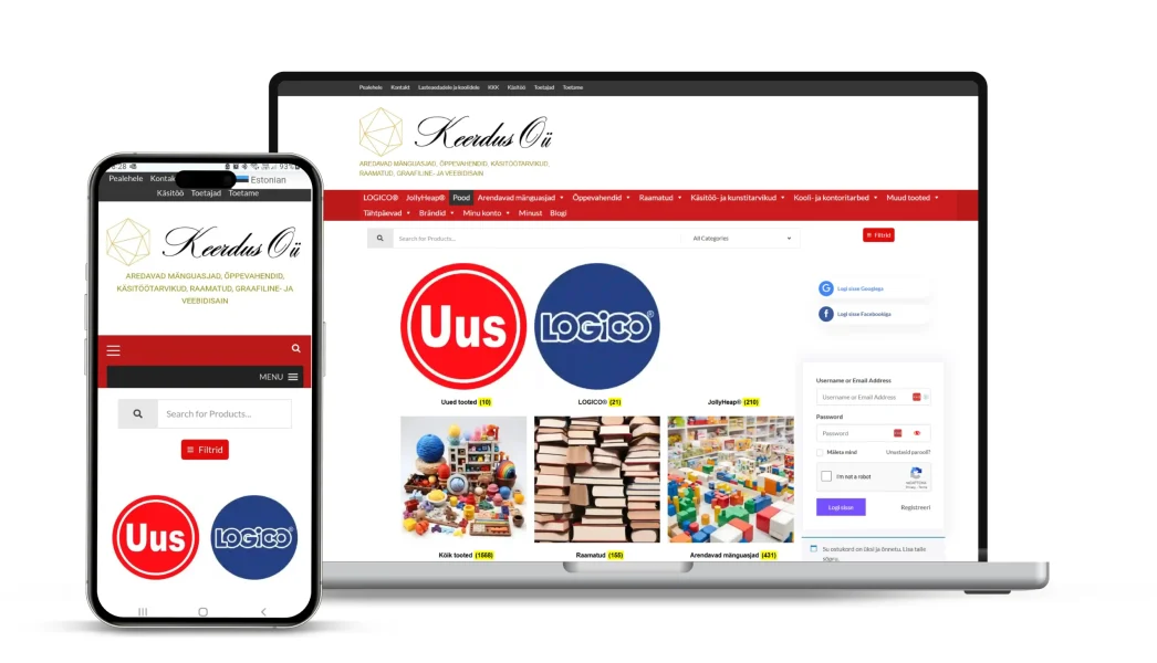 Keerdus Disainistuudio kodulehekülg ja mobiilivaade - Keerdus OÜ e-poe kodulehekülg, arendavad mänguasjad, õppevahendid