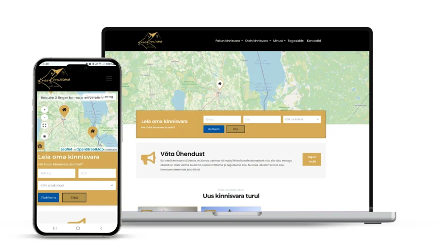 Keerdus Disainistuudio kodulehekülg ja mobiilivaade- - KreeKinnisvara kodulehekülg, kinnisvara, ost, müük, üür, rent