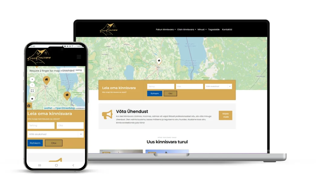 Keerdus Disainistuudio kodulehekülg ja mobiilivaade- - KreeKinnisvara kodulehekülg, kinnisvara, ost, müük, üür, rent